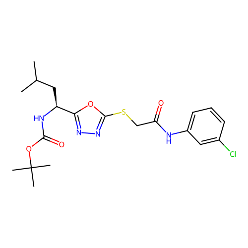 (S)-tert-butyl (1-(5-((2-((3-chlorophenyl)amino)-2-oxoethyl)thio)-1,3,4-oxadiazol-2-yl)-3-methylbutyl)carbamate structure