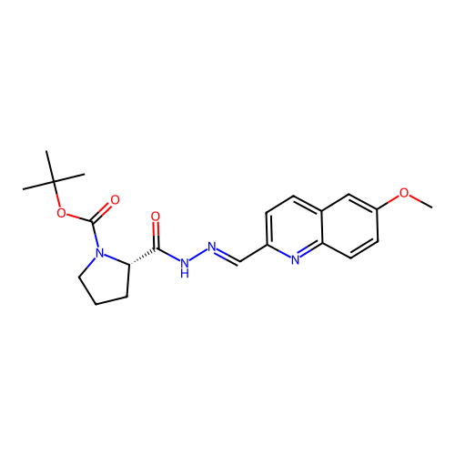 (S)-2-[1-(6-Methoxy-quinolin-2-yl)-meth-(E)-ylidene-hydrazinocarbonyl]-pyrrolidine-1-carboxylic acid  tert-butyl ester structure