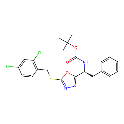 (S)-tert-butyl (1-(5-((2,4-dichlorobenzyl)thio)-1,3,4-oxadiazol-2-yl)-2-phenylethyl)carbamate structure