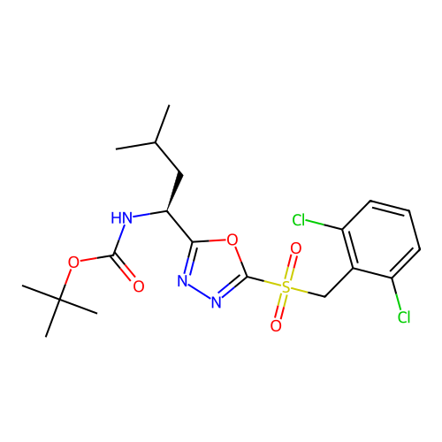 (S)-tert-butyl (1-(5-((2,6-dichlorobenzyl)sulfonyl)-1,3,4-oxadiazol-2-yl)-3-methylbutyl)carbamate structure