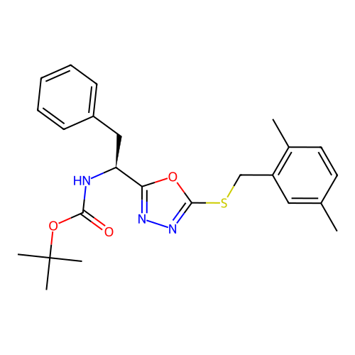 (S)-tert-butyl (1-(5-((2,5-dimethylbenzyl)thio)-1,3,4-oxadiazol-2-yl)-2-phenylethyl)carbamate structure