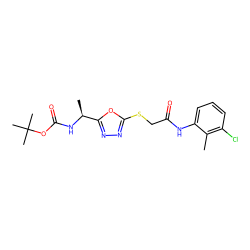 (S)-tert-butyl (1-(5-((2-((3-chloro-2-methylphenyl)amino)-2-oxoethyl)thio)-1,3,4-oxadiazol-2-yl)ethyl)carbamate structure