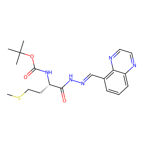 (S,E)-tert-butyl (4-(methylthio)-1-oxo-1-(2-(quinoxalin-5-ylmethylene)hydrazinyl)butan-2-yl)carbamate structure