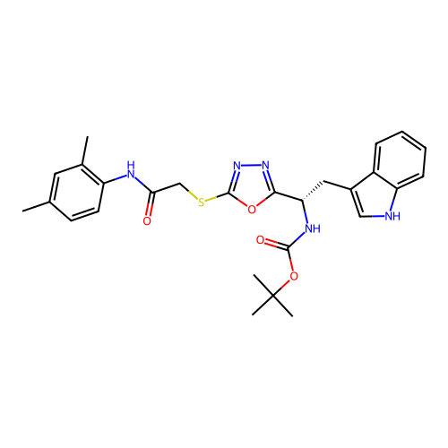 (S)-tert-butyl (1-(5-((2-((2,4-dimethylphenyl)amino)-2-oxoethyl)thio)-1,3,4-oxadiazol-2-yl)-2-(1H-indol-3-yl)ethyl)carbamate structure