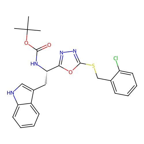 (S)-tert-butyl (1-(5-((2-chlorobenzyl)thio)-1,3,4-oxadiazol-2-yl)-2-(1H-indol-3-yl)ethyl)carbamate structure