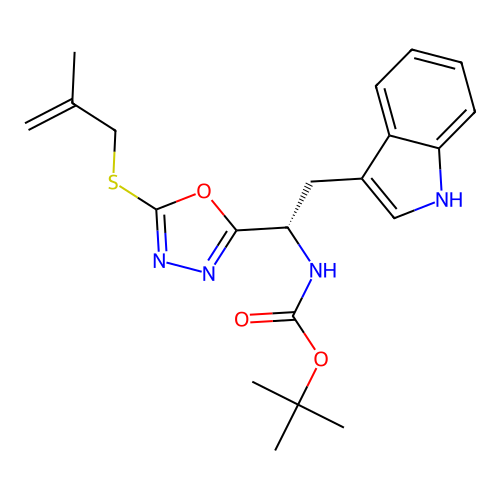 (S)-tert-butyl (2-(1H-indol-3-yl)-1-(5-((2-methylallyl)thio)-1,3,4-oxadiazol-2-yl)ethyl)carbamate structure