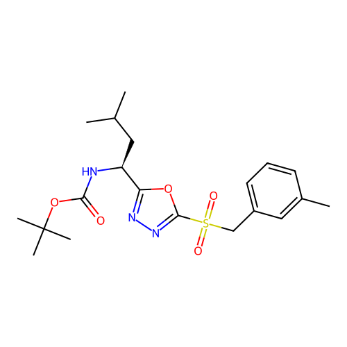 (S)-tert-butyl (3-methyl-1-(5-((3-methylbenzyl)sulfonyl)-1,3,4-oxadiazol-2-yl)butyl)carbamate structure