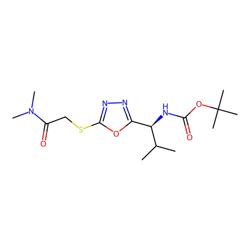 (S)-tert-butyl (1-(5-((2-(dimethylamino)-2-oxoethyl)thio)-1,3,4-oxadiazol-2-yl)-2-methylpropyl)carbamate structure