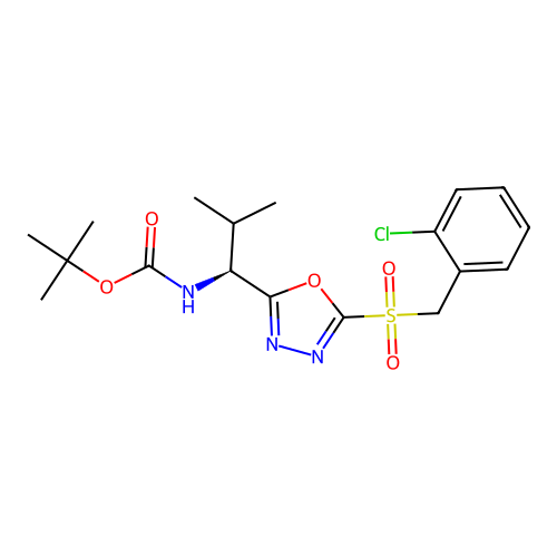 (S)-tert-butyl (1-(5-((2-chlorobenzyl)sulfonyl)-1,3,4-oxadiazol-2-yl)-2-methylpropyl)carbamate structure