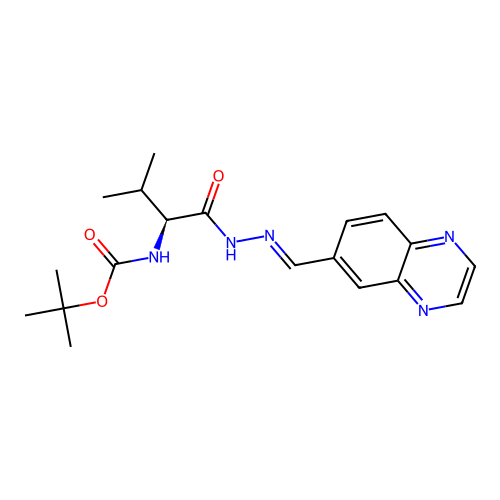 tert-butyl N-[(2S)-3-methyl-1-oxo-1-[(2E)-2-(quinoxalin-6-ylmethylidene)hydrazinyl]butan-2-yl]carbamate structure