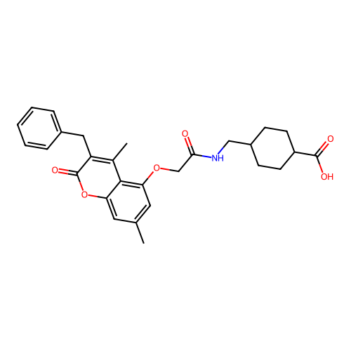(1r,4r)-4-((2-((3-benzyl-4,7-dimethyl-2-oxo-2H-chromen-5-yl)oxy)acetamido)methyl)cyclohexanecarboxylic acid structure