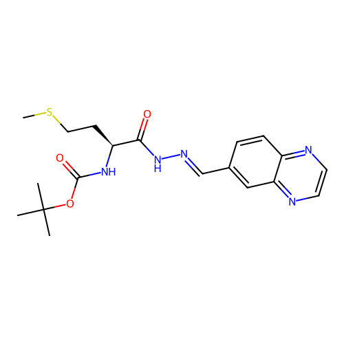 (S,E)-tert-butyl (4-(methylthio)-1-oxo-1-(2-(quinoxalin-6-ylmethylene)hydrazinyl)butan-2-yl)carbamate structure