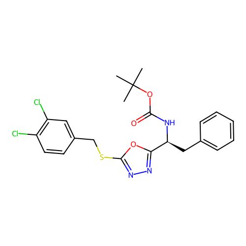 (S)-tert-butyl (1-(5-((3,4-dichlorobenzyl)thio)-1,3,4-oxadiazol-2-yl)-2-phenylethyl)carbamate structure
