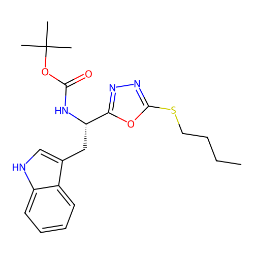(S)-tert-butyl (1-(5-(butylthio)-1,3,4-oxadiazol-2-yl)-2-(1H-indol-3-yl)ethyl)carbamate structure