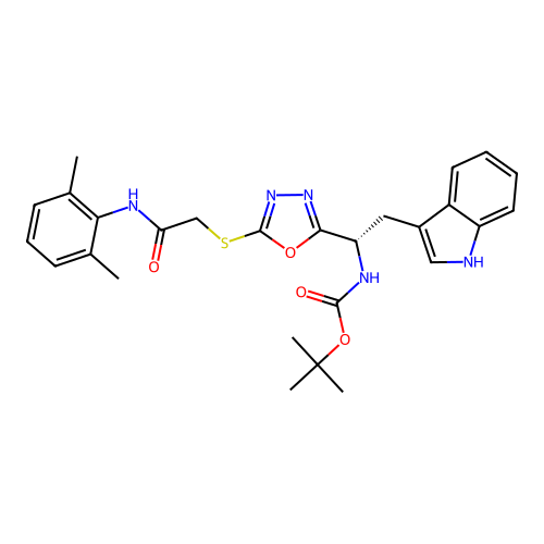 (S)-tert-butyl (1-(5-((2-((2,6-dimethylphenyl)amino)-2-oxoethyl)thio)-1,3,4-oxadiazol-2-yl)-2-(1H-indol-3-yl)ethyl)carbamate structure