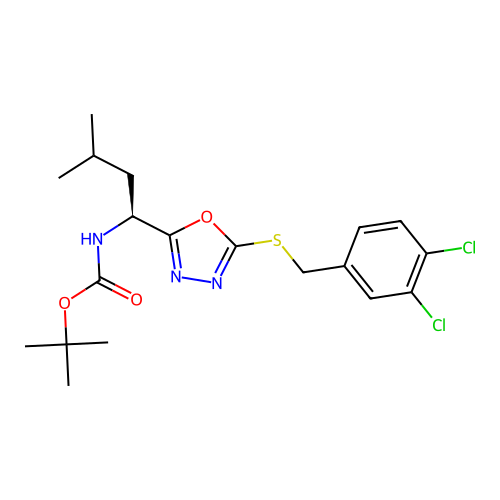 (S)-tert-butyl (1-(5-((3,4-dichlorobenzyl)thio)-1,3,4-oxadiazol-2-yl)-3-methylbutyl)carbamate structure