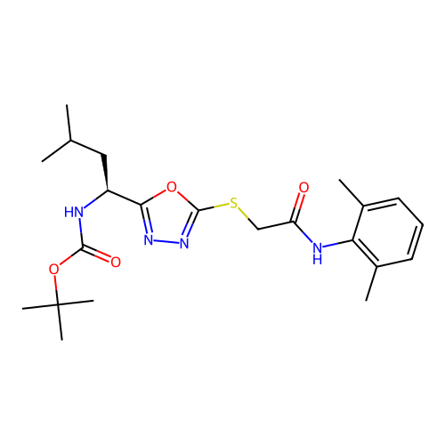 (S)-tert-butyl (1-(5-((2-((2,6-dimethylphenyl)amino)-2-oxoethyl)thio)-1,3,4-oxadiazol-2-yl)-3-methylbutyl)carbamate structure