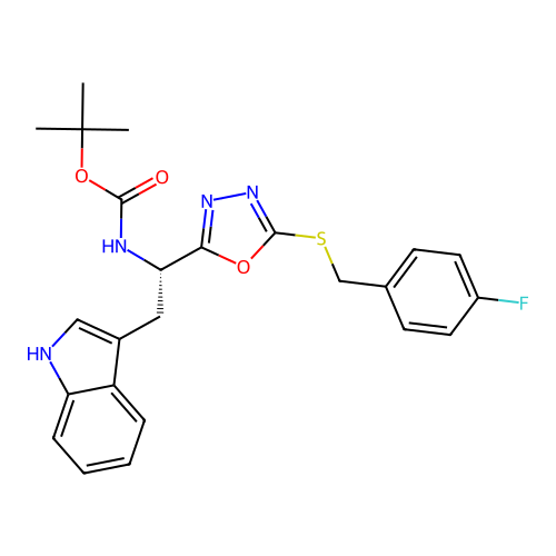 (S)-tert-butyl (1-(5-((4-fluorobenzyl)thio)-1,3,4-oxadiazol-2-yl)-2-(1H-indol-3-yl)ethyl)carbamate structure