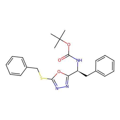 (S)-tert-butyl (1-(5-(benzylthio)-1,3,4-oxadiazol-2-yl)-2-phenylethyl)carbamate structure