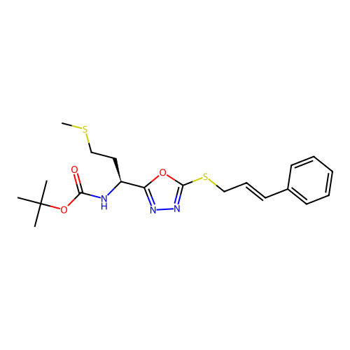 (S,E)-tert-butyl (1-(5-(cinnamylthio)-1,3,4-oxadiazol-2-yl)-3-(methylthio)propyl)carbamate structure
