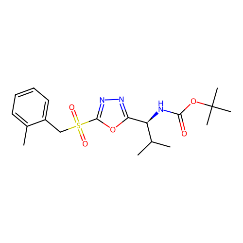 (S)-tert-butyl (2-methyl-1-(5-((2-methylbenzyl)sulfonyl)-1,3,4-oxadiazol-2-yl)propyl)carbamate structure