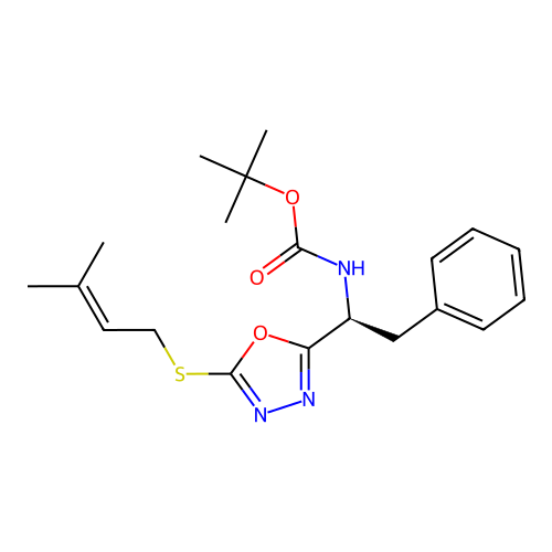 (S)-tert-butyl (1-(5-((3-methylbut-2-en-1-yl)thio)-1,3,4-oxadiazol-2-yl)-2-phenylethyl)carbamate structure