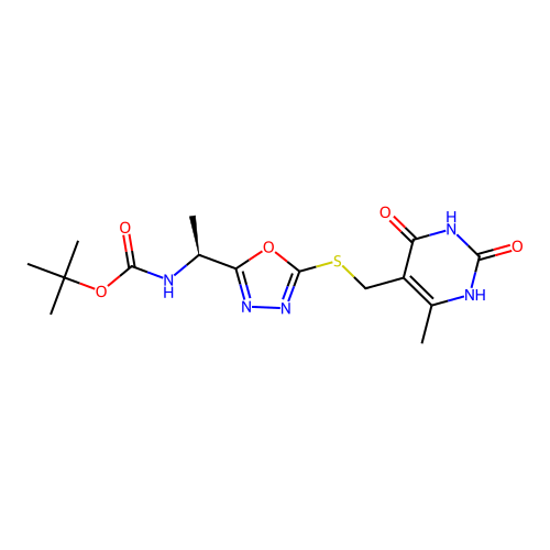 (S)-tert-butyl (1-(5-(((6-methyl-2,4-dioxo-1,2,3,4-tetrahydropyrimidin-5-yl)methyl)thio)-1,3,4-oxadiazol-2-yl)ethyl)carbamate structure