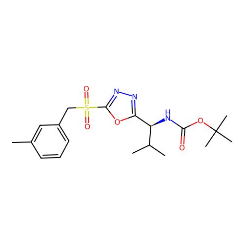 (S)-tert-butyl (2-methyl-1-(5-((3-methylbenzyl)sulfonyl)-1,3,4-oxadiazol-2-yl)propyl)carbamate structure