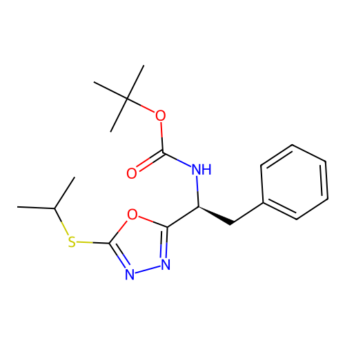 tert-butyl N-[(1S)-2-phenyl-1-(5-propan-2-ylsulfanyl-1,3,4-oxadiazol-2-yl)ethyl]carbamate structure