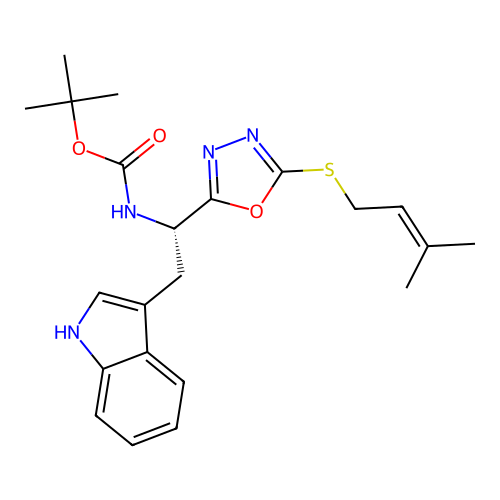(S)-tert-butyl (2-(1H-indol-3-yl)-1-(5-((3-methylbut-2-en-1-yl)thio)-1,3,4-oxadiazol-2-yl)ethyl)carbamate structure