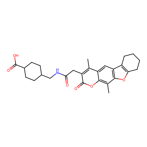 (1s,4s)-4-((2-(4,11-dimethyl-2-oxo-6,7,8,9-tetrahydro-2H-benzofuro[3,2-g]chromen-3-yl)acetamido)methyl)cyclohexanecarboxylic acid structure