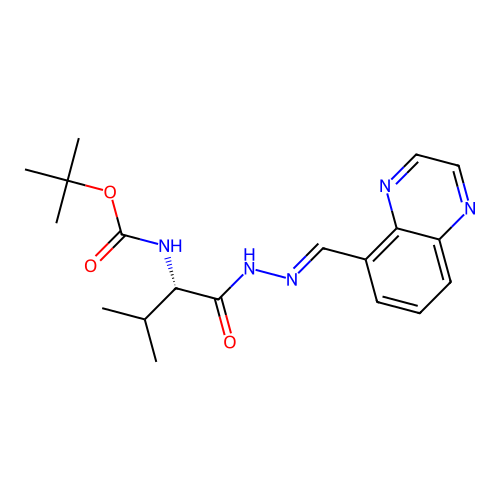 (S,E)-tert-butyl (3-methyl-1-oxo-1-(2-(quinoxalin-5-ylmethylene)hydrazinyl)butan-2-yl)carbamate structure