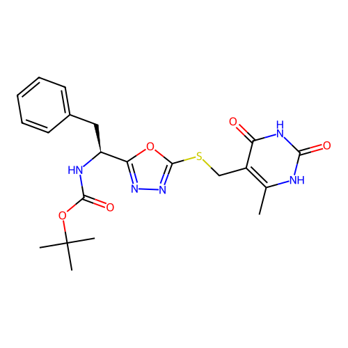 (S)-tert-butyl (1-(5-(((6-methyl-2,4-dioxo-1,2,3,4-tetrahydropyrimidin-5-yl)methyl)thio)-1,3,4-oxadiazol-2-yl)-2-phenylethyl)carbamate structure