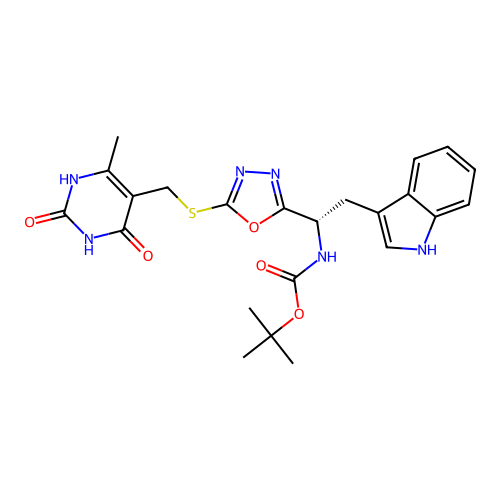 (S)-tert-butyl (2-(1H-indol-3-yl)-1-(5-(((6-methyl-2,4-dioxo-1,2,3,4-tetrahydropyrimidin-5-yl)methyl)thio)-1,3,4-oxadiazol-2-yl)ethyl)carbamate structure