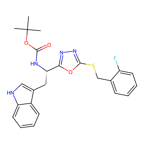 (S)-tert-butyl (1-(5-((2-fluorobenzyl)thio)-1,3,4-oxadiazol-2-yl)-2-(1H-indol-3-yl)ethyl)carbamate structure