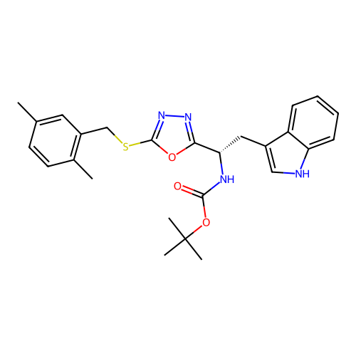 (S)-tert-butyl (1-(5-((2,5-dimethylbenzyl)thio)-1,3,4-oxadiazol-2-yl)-2-(1H-indol-3-yl)ethyl)carbamate structure