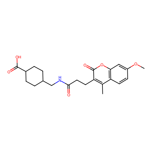(1s,4s)-4-((3-(7-methoxy-4-methyl-2-oxo-2H-chromen-3-yl)propanamido)methyl)cyclohexanecarboxylic acid structure