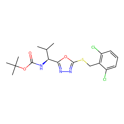 (S)-tert-butyl (1-(5-((2,6-dichlorobenzyl)thio)-1,3,4-oxadiazol-2-yl)-2-methylpropyl)carbamate structure