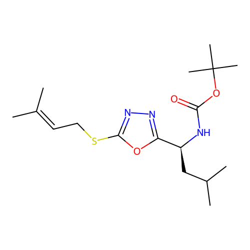 (S)-tert-butyl (3-methyl-1-(5-((3-methylbut-2-en-1-yl)thio)-1,3,4-oxadiazol-2-yl)butyl)carbamate structure
