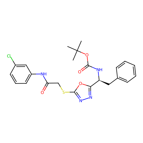 (S)-tert-butyl (1-(5-((2-((3-chlorophenyl)amino)-2-oxoethyl)thio)-1,3,4-oxadiazol-2-yl)-2-phenylethyl)carbamate structure