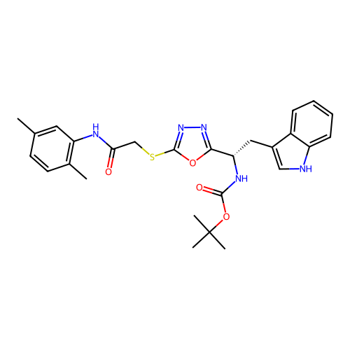 (S)-tert-butyl (1-(5-((2-((2,5-dimethylphenyl)amino)-2-oxoethyl)thio)-1,3,4-oxadiazol-2-yl)-2-(1H-indol-3-yl)ethyl)carbamate structure