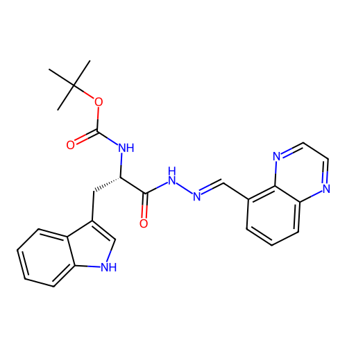 (S,E)-tert-butyl (3-(1H-indol-3-yl)-1-oxo-1-(2-(quinoxalin-5-ylmethylene)hydrazinyl)propan-2-yl)carbamate structure