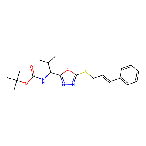 (S,E)-tert-butyl (1-(5-(cinnamylthio)-1,3,4-oxadiazol-2-yl)-2-methylpropyl)carbamate structure