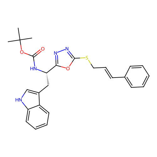 (S,E)-tert-butyl (1-(5-(cinnamylthio)-1,3,4-oxadiazol-2-yl)-2-(1H-indol-3-yl)ethyl)carbamate structure