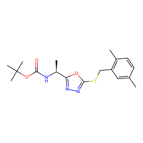 (S)-tert-butyl (1-(5-((2,5-dimethylbenzyl)thio)-1,3,4-oxadiazol-2-yl)ethyl)carbamate structure