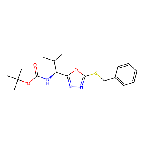 (S)-tert-butyl (1-(5-(benzylthio)-1,3,4-oxadiazol-2-yl)-2-methylpropyl)carbamate structure