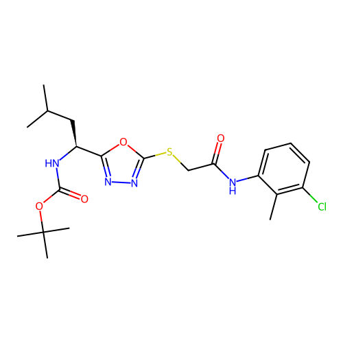 (S)-tert-butyl (1-(5-((2-((3-chloro-2-methylphenyl)amino)-2-oxoethyl)thio)-1,3,4-oxadiazol-2-yl)-3-methylbutyl)carbamate structure