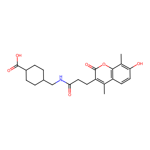 (1s,4s)-4-((3-(7-hydroxy-4,8-dimethyl-2-oxo-2H-chromen-3-yl)propanamido)methyl)cyclohexanecarboxylic acid structure