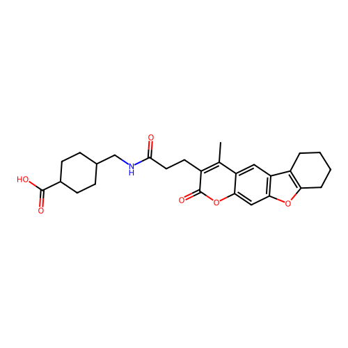 (1s,4s)-4-((3-(4-methyl-2-oxo-6,7,8,9-tetrahydro-2H-benzofuro[3,2-g]chromen-3-yl)propanamido)methyl)cyclohexanecarboxylic acid structure