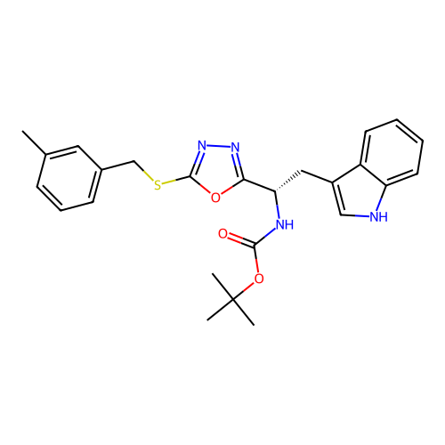 (S)-tert-butyl (2-(1H-indol-3-yl)-1-(5-((3-methylbenzyl)thio)-1,3,4-oxadiazol-2-yl)ethyl)carbamate structure